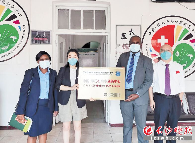 中国-津巴布韦中医药中心授牌,孙爽(左二)与当地医疗机构评价委员会官员合影留念。 受访者供图